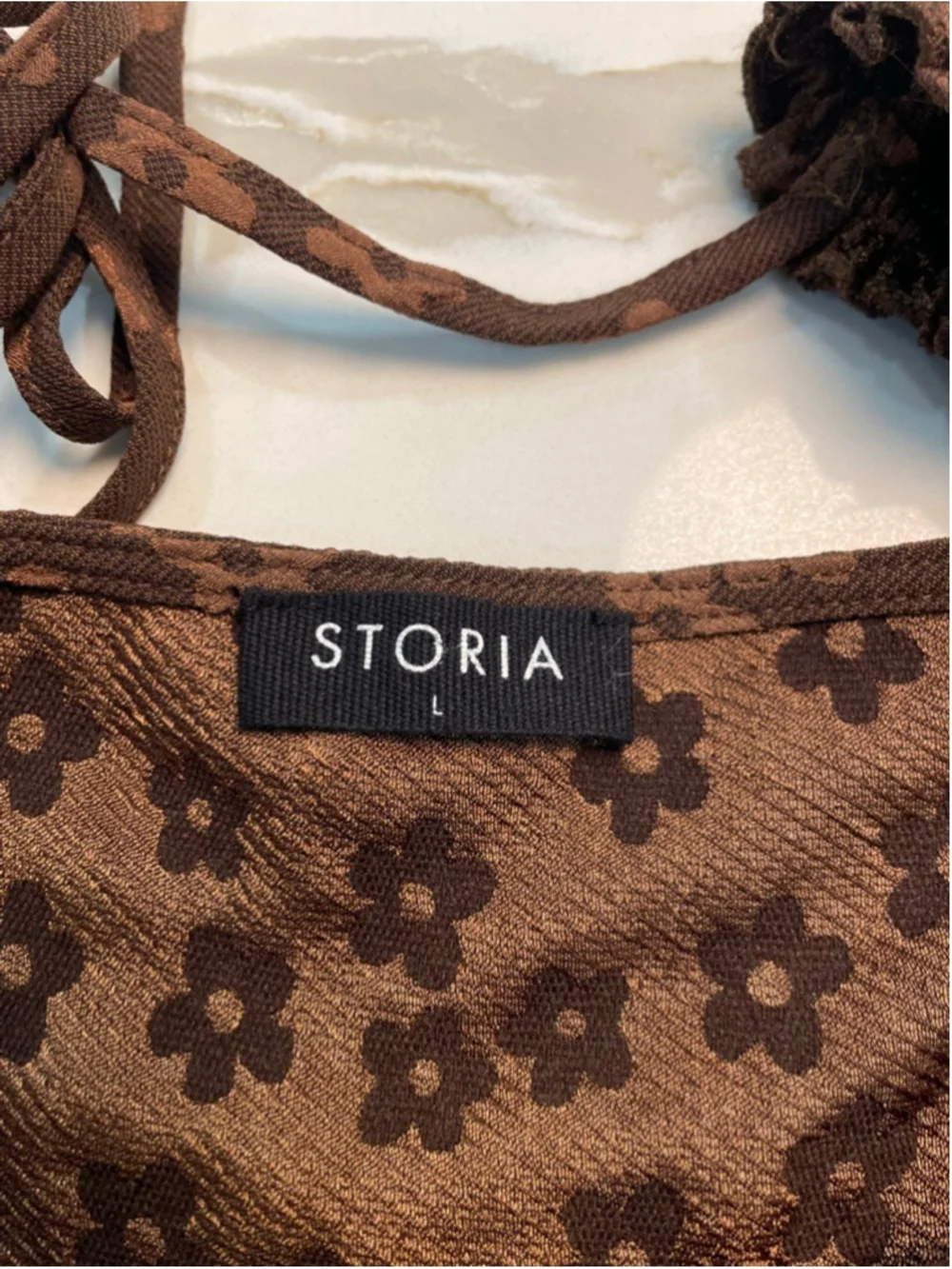 STORIA Brown Floral Babydoll Mini Dress L Puff Sleeves Fairy Grunge Asymmetric - Picture 5 of 9